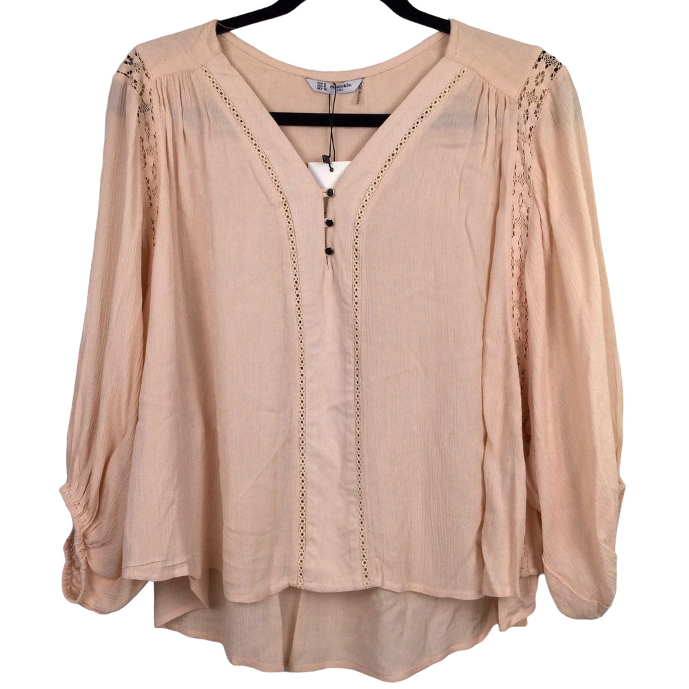 New Christy & Co Pink V-Neck Henley High Low Balloon Sleeve Rayon Pullover S